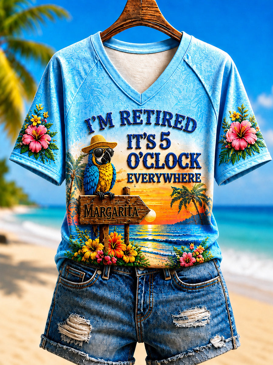 Women's I'm Retired It's 5 O'clock Everywhere Parrot V-neck Short Sleeve T-shirt
