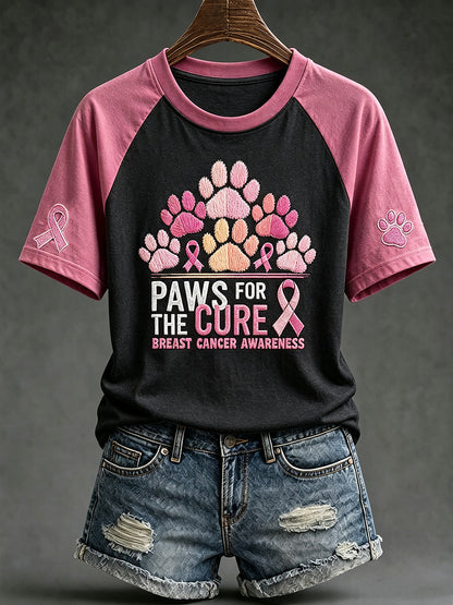Women's breast cancer theme Paws For The Cure slogan cute dog print casual short-sleeve T-shirt