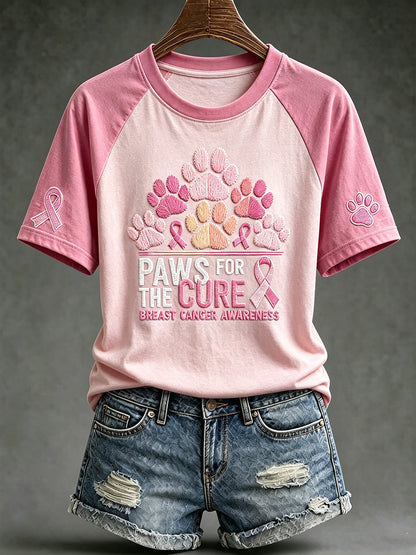 Women's breast cancer theme Paws For The Cure slogan cute dog print casual short-sleeve T-shirt