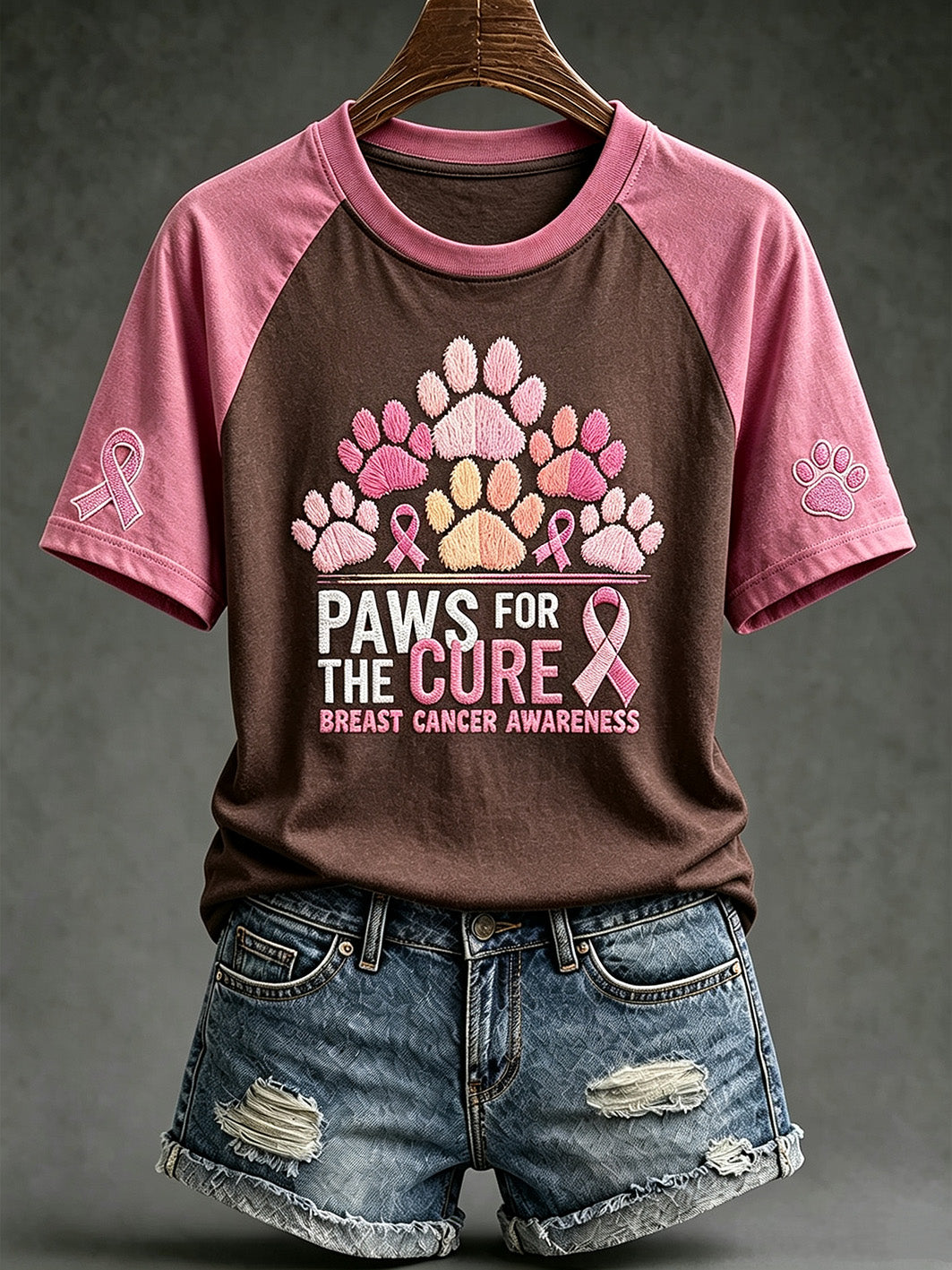 Women's breast cancer theme Paws For The Cure slogan cute dog print casual short-sleeve T-shirt