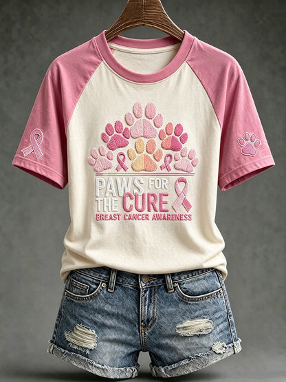 Women's breast cancer theme Paws For The Cure slogan cute dog print casual short-sleeve T-shirt