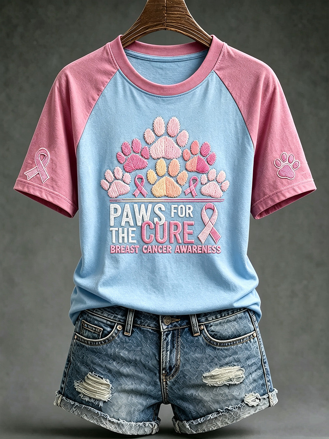 Women's breast cancer theme Paws For The Cure slogan cute dog print casual short-sleeve T-shirt