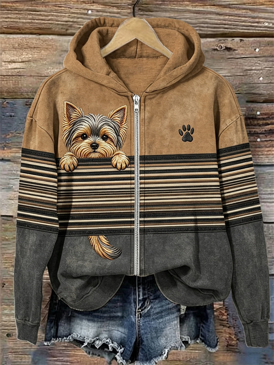 Women's Peeking Yorkshire Dog Striped Contrast Color Full Zip Hoodie
