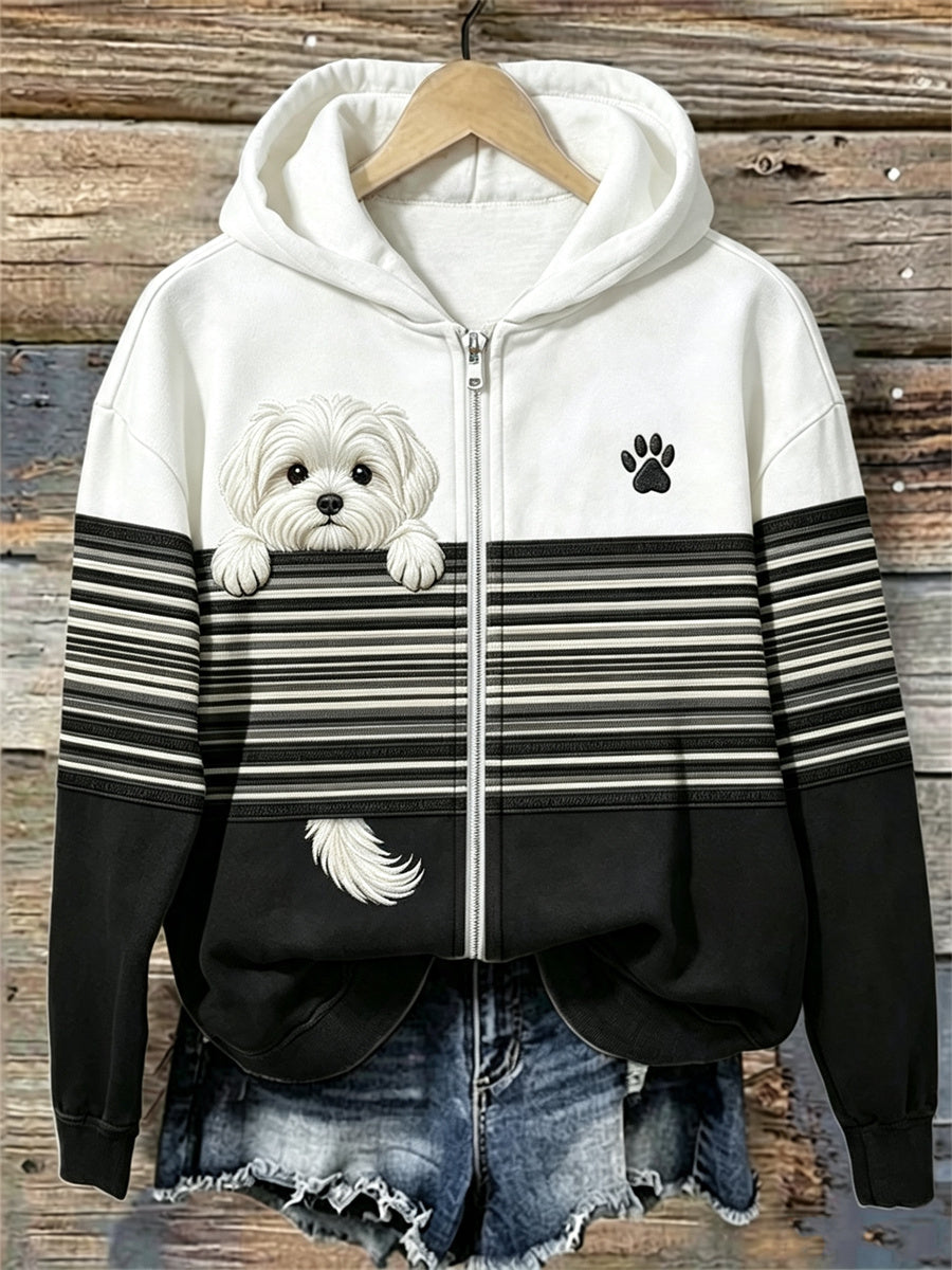 Women's Peeking Maltese Dog Striped Contrast Color Full Zip Hoodie