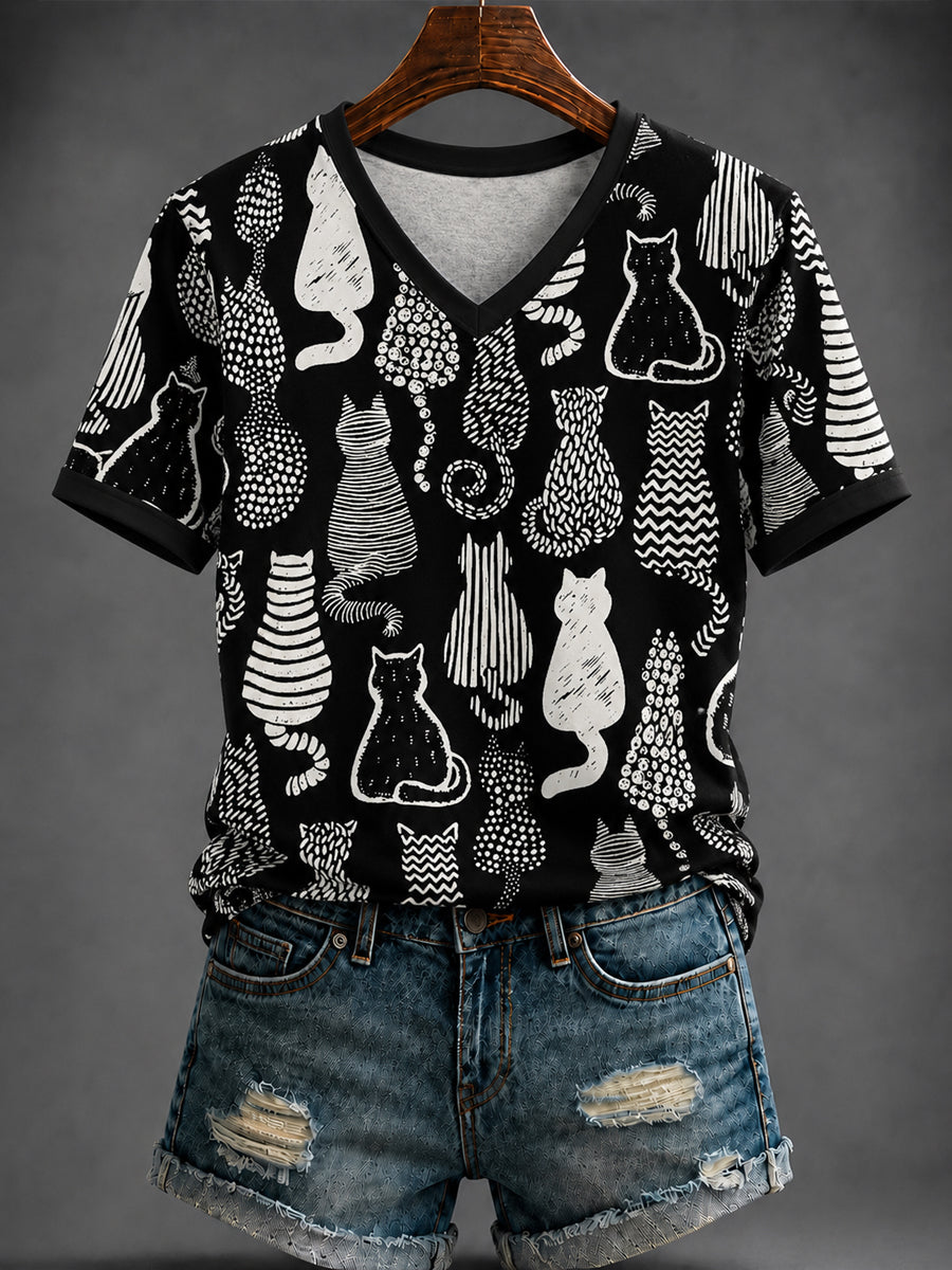 Women's Cat Printed V-neck T-shirt