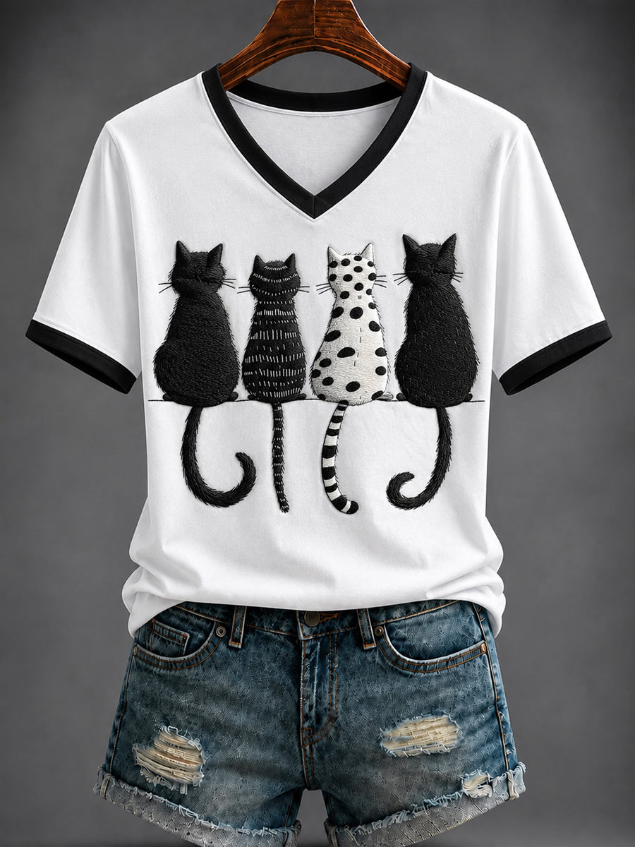 Women's Cat Printed V-neck T-shirt