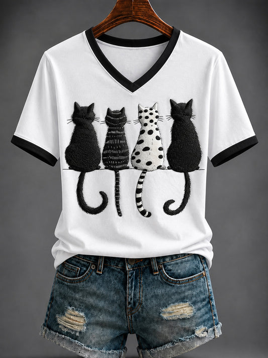 Women's Cat Printed V-neck T-shirt