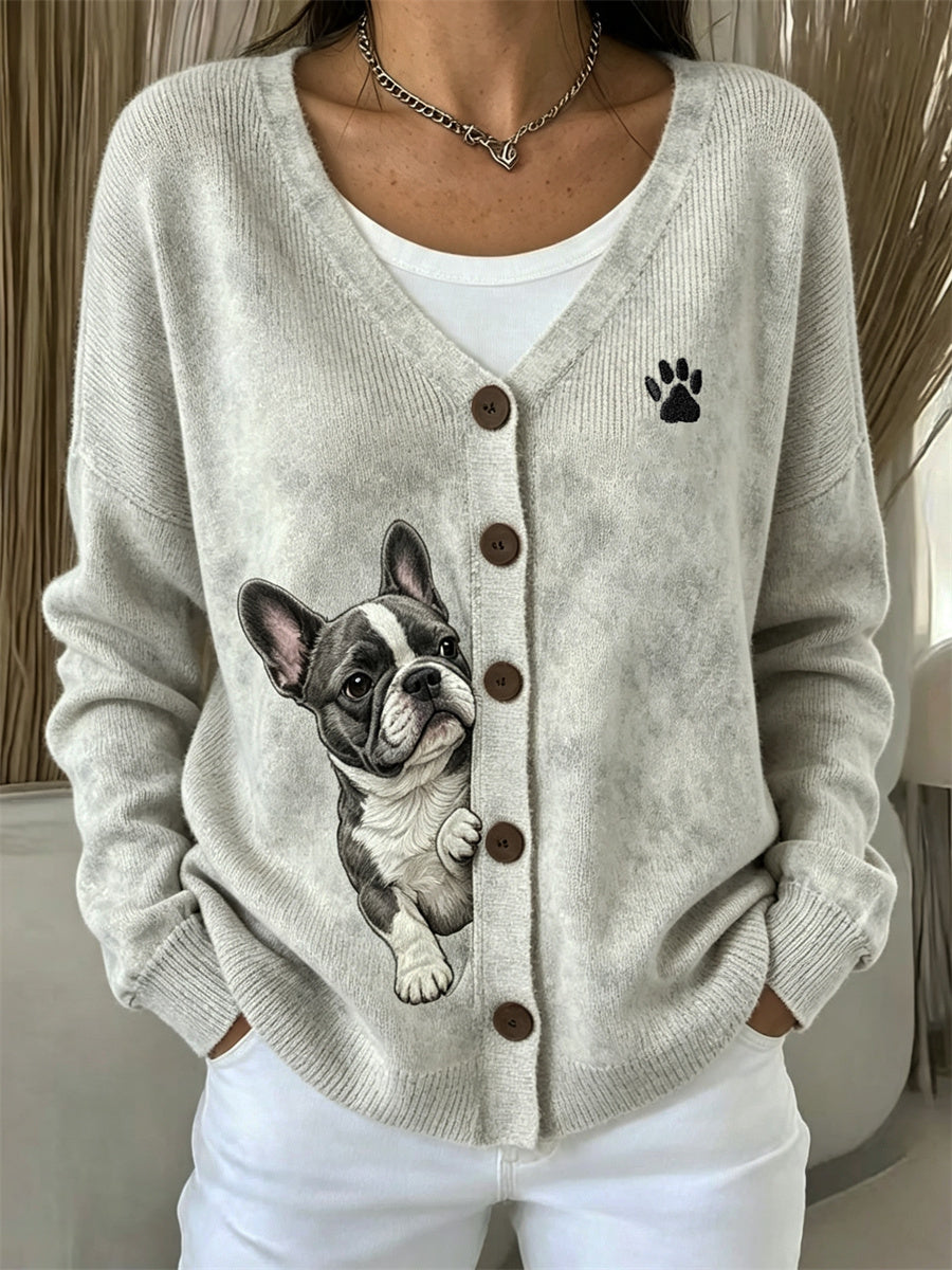 Women's Peeking French Bulldog & Paw Print Cozy Cardigan