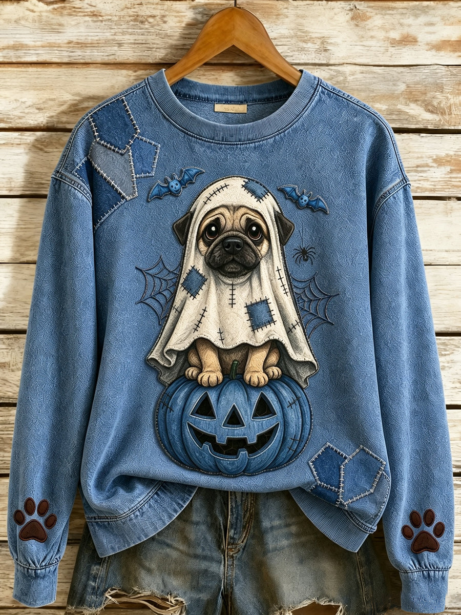 Women's Halloween Cute Animals Dog Printed Round-Neck Long-Sleeved Sweatshirt