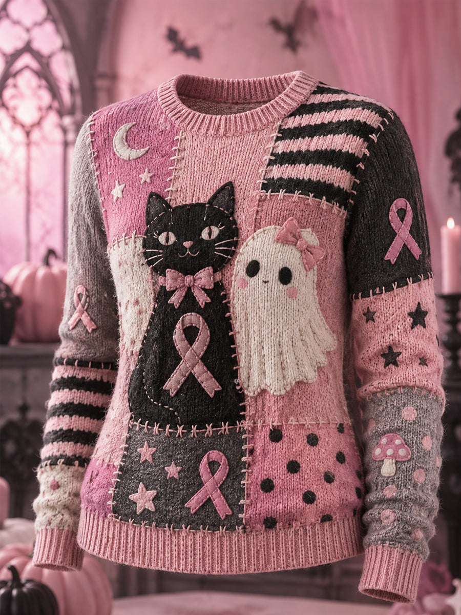 Women's Halloween Pink Ghost And Cat Pink Ribbon Print Breast Cancer Awareness Support Sweater
