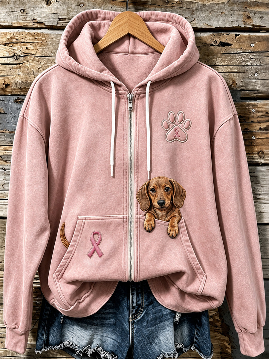 Women's Peeking Dachshund Dog & Pink Ribbon Paw Print Zip-Up Hoodie