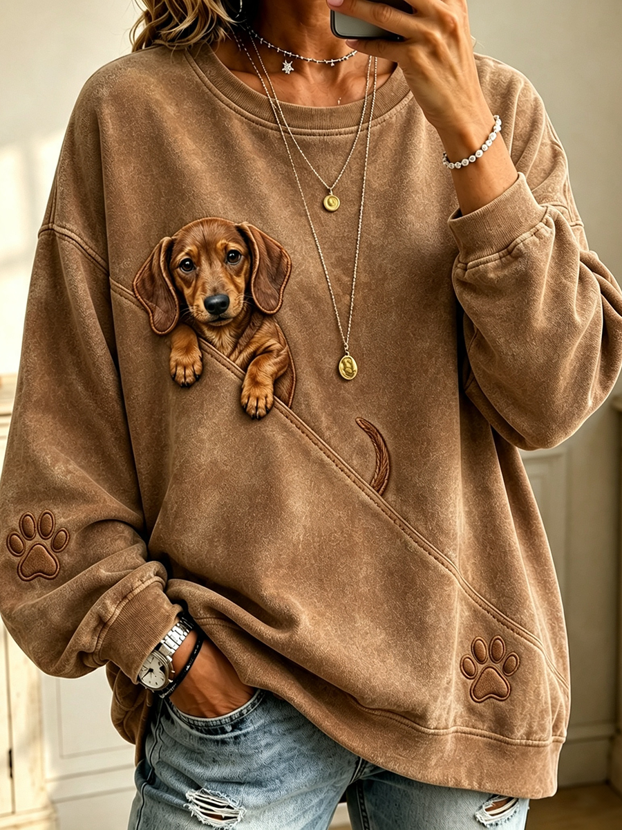 Women's Cute Peeking Dachshund & Paw Printed Casual Sweatshirt