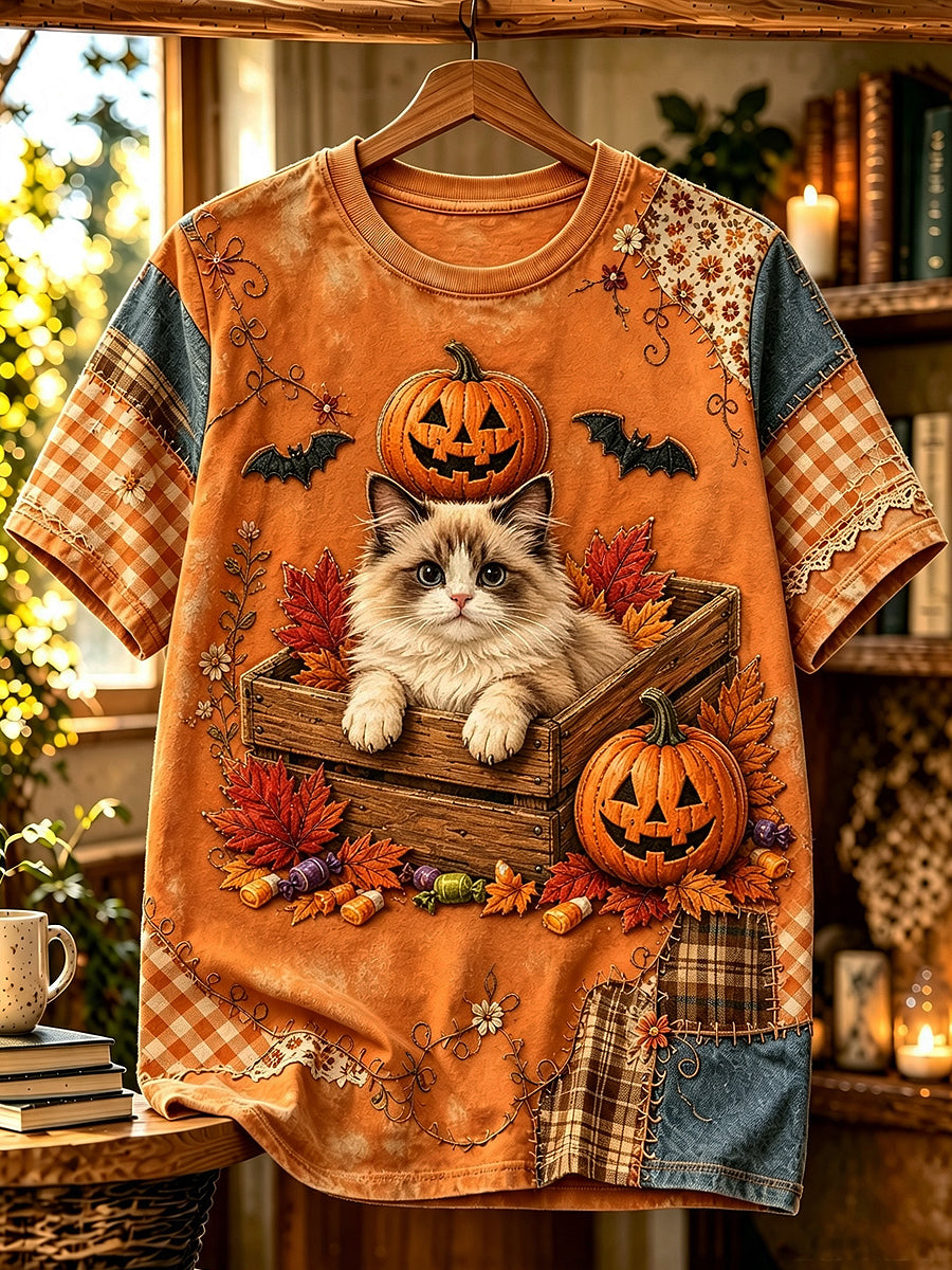 Women's Halloween Animals Cat Printed Vintage Fashion Loose Short Sleeve T-Shirt