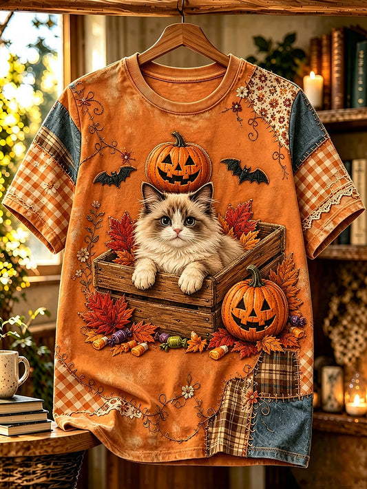 Women's Halloween Animals Cat Printed Vintage Fashion Loose Short Sleeve T-Shirt