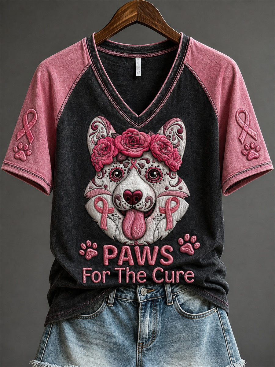 Women's Paws for the Cure Cargi Dog Pink Sugar Skull Print short-sleeved T-shirt