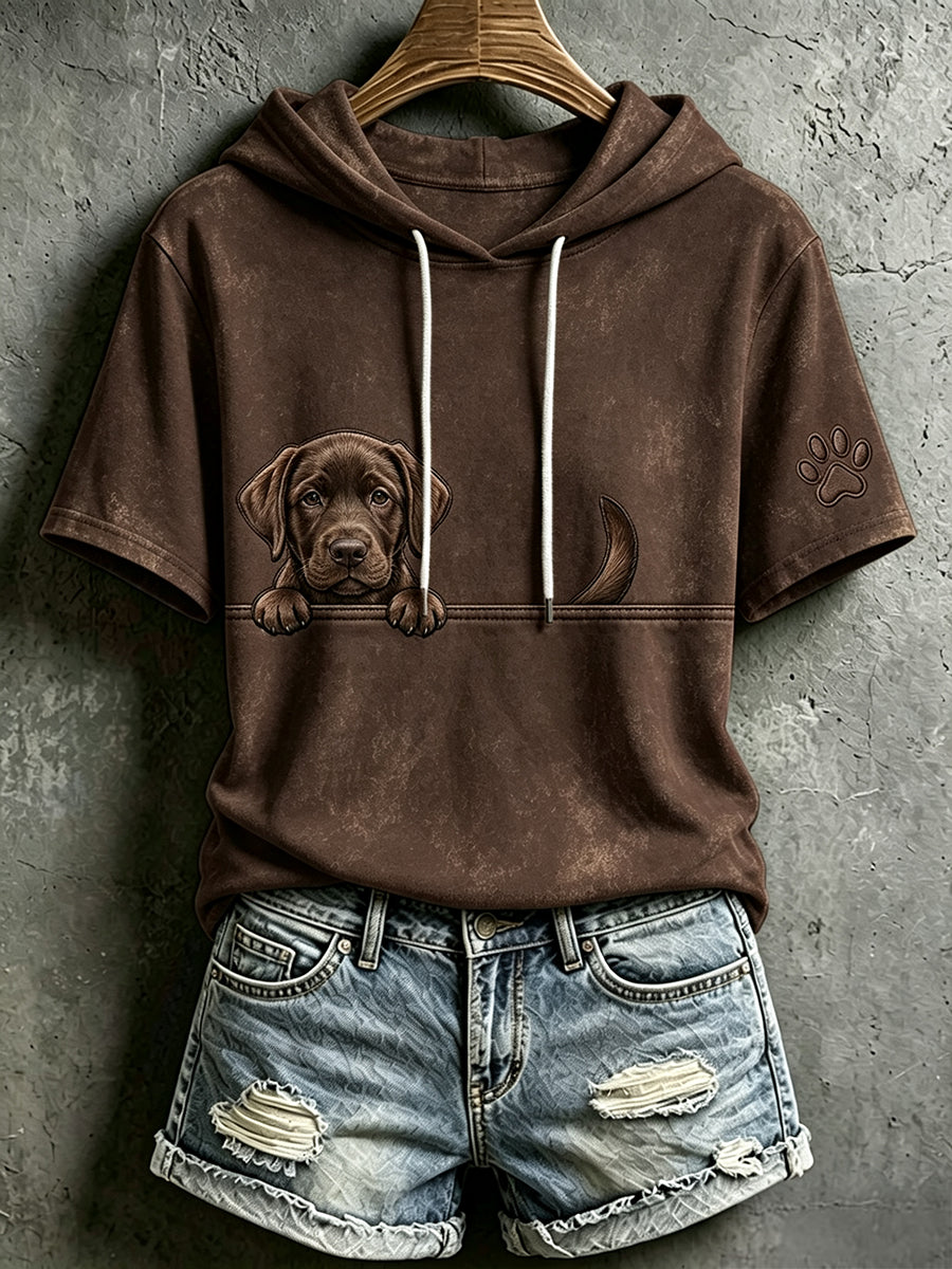 Women's Peeking Chocolate Labrador Retriever & Paw Print Short Sleeve Hoodie
