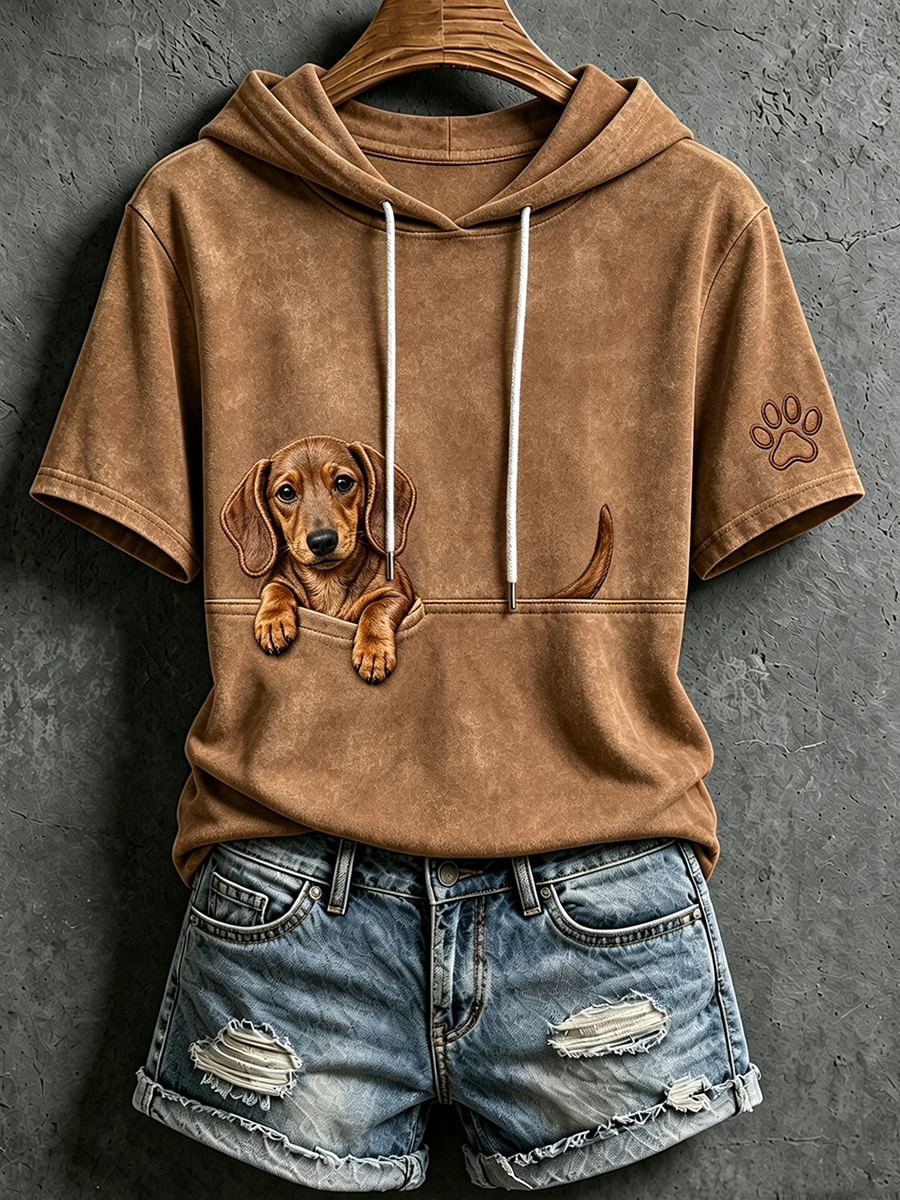 Women's Cute Peeking Dachshund & Paw Print Short Sleeve Hoodie