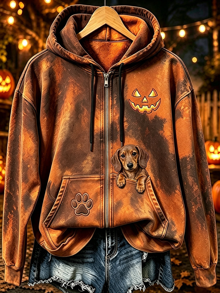 Women's Peeking Dachshund Dog & Halloween Pumpkin Face Print Zip-Up Hoodie