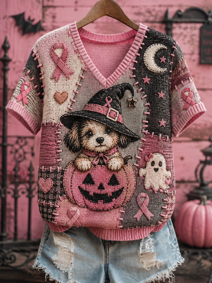 Women's Halloween Pink Dog Pink Ribbon Print Breast Cancer Awareness Support V-Neck Top