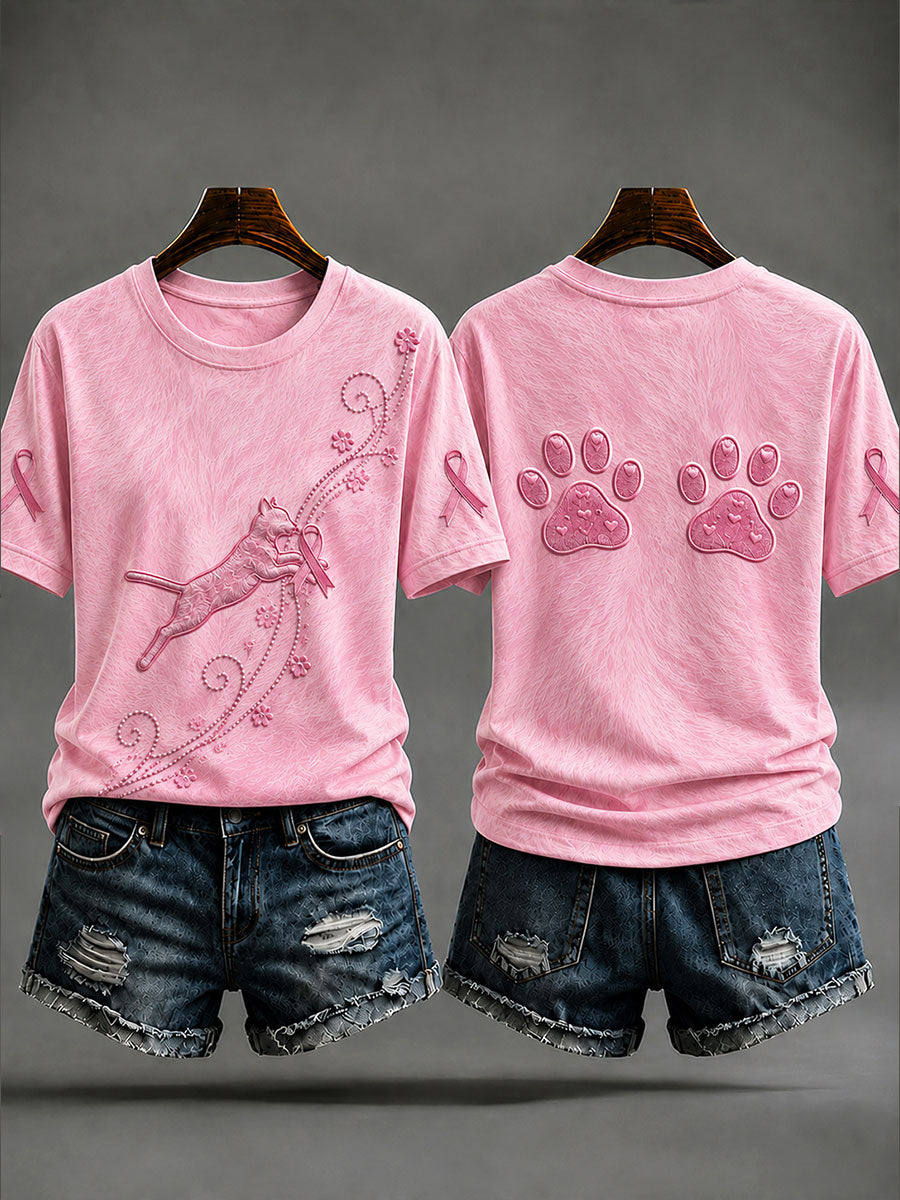 Women's Cat Print Breast Cancer Prevention T-shirt