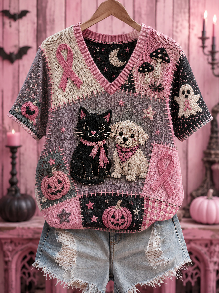 Women's Halloween Pink Dog And Cat Pink Ribbon Print Breast Cancer Awareness Support V-Neck Top