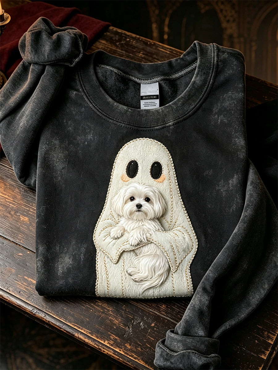 Women's Halloween Ghost & Maltese Dog Print Regular Sweatshirt