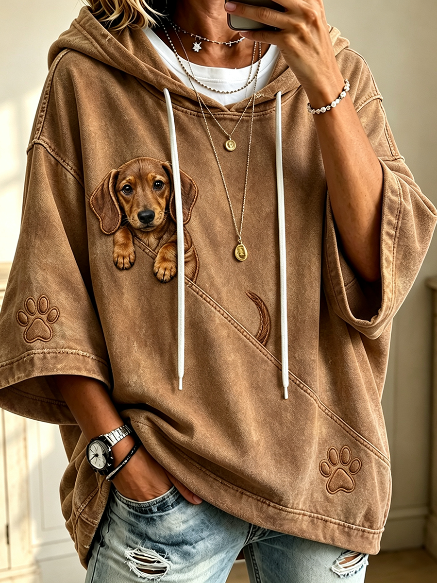 Women’s Cute Peeking Dachshund & Paw Print Comfy Hoodie