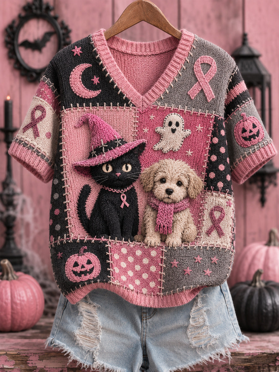 Women's Halloween Pink Dog And Cat Pink Ribbon Print Breast Cancer Awareness Support V-Neck Top