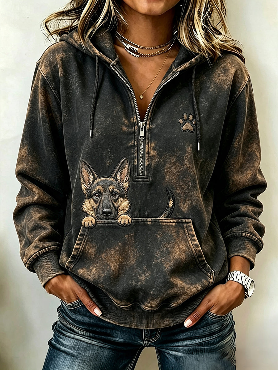 Women's Vintage Peeking German Shepherd & Paw Print Hooded Zipper Hoodie