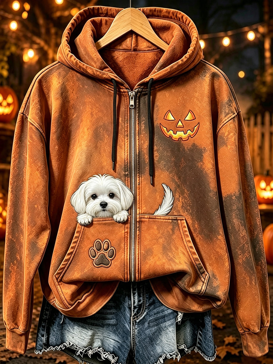 Women's Peeking Maltese Dog & Halloween Pumpkin Face Print Zip-Up Hoodie