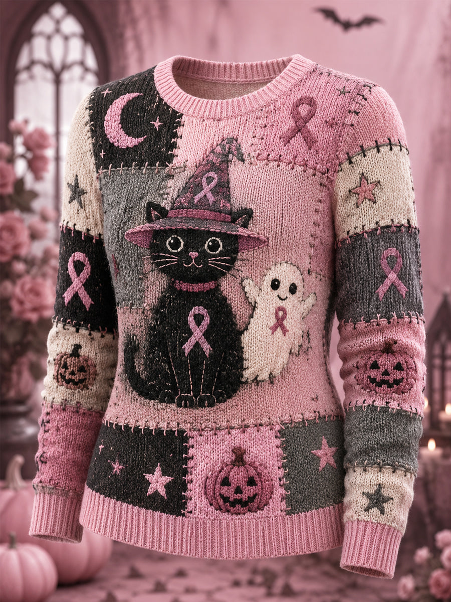 Women's Halloween Pink Ghost And Cat Pink Ribbon Print Breast Cancer Awareness Support Sweater