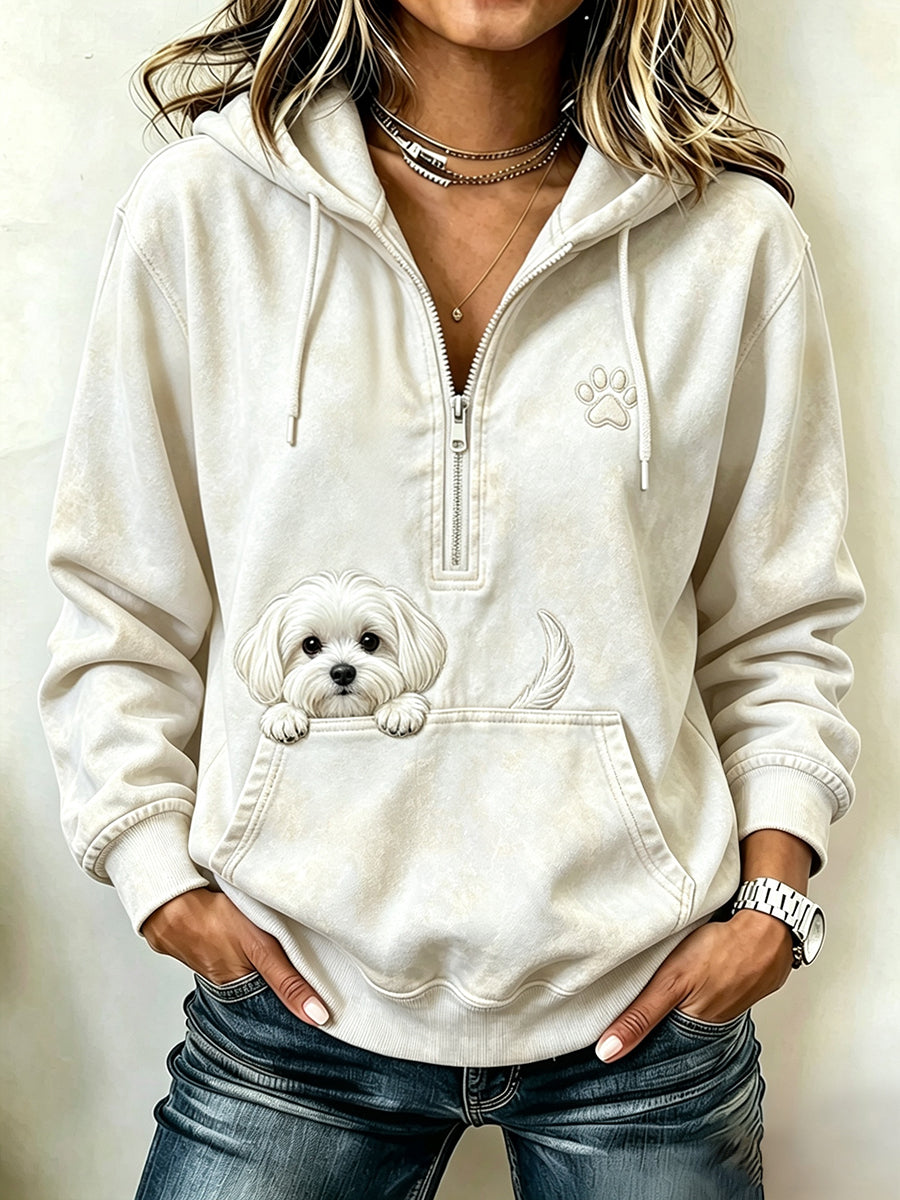 Women's Vintage Peeking Maltese Dog & Paw Print Hooded Zipper Hoodie