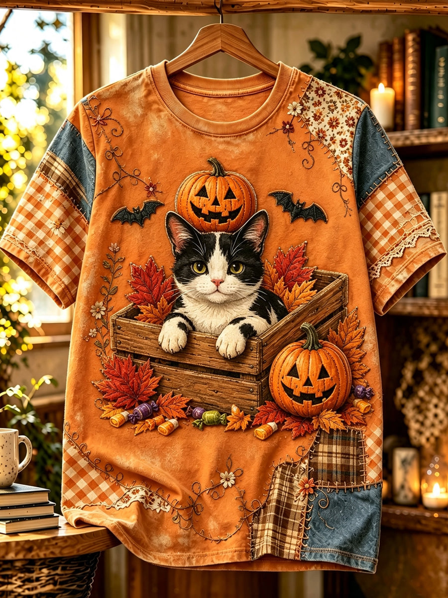 Women's Halloween Animals Cat Printed Vintage Fashion Loose Short Sleeve T-Shirt
