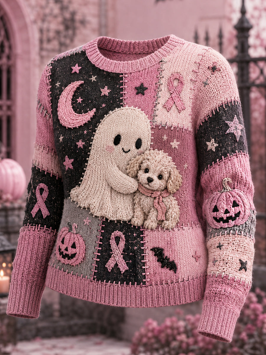 Women's Halloween Pink Ghost And Dog Pink Ribbon Print Breast Cancer Awareness Support Sweater