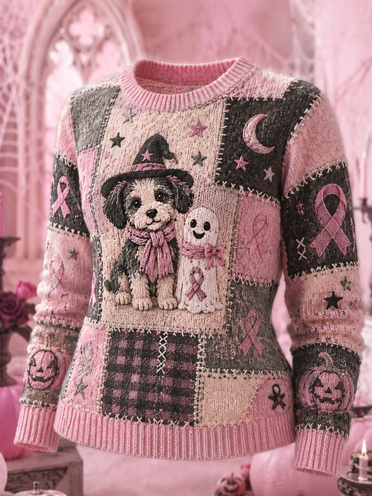 Women's Halloween Pink Ghost And Dog Pink Ribbon Print Breast Cancer Awareness Support Sweater