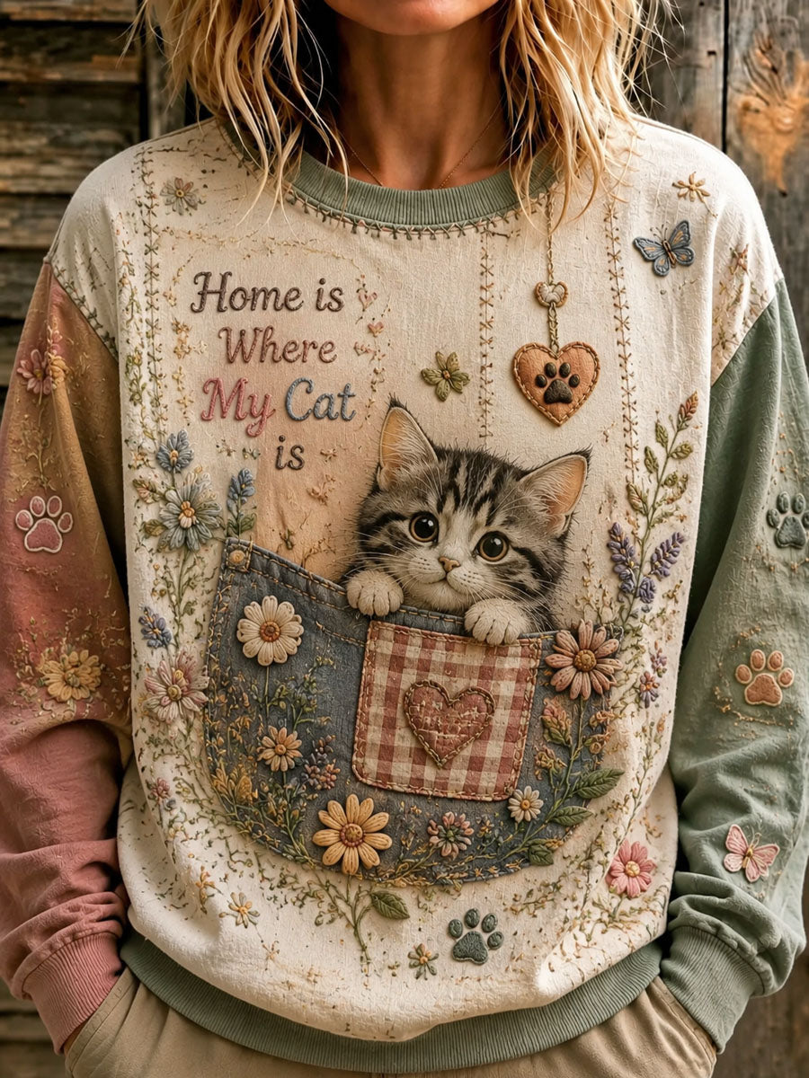 Women's Floral Patchwork Cat Print Hoodie