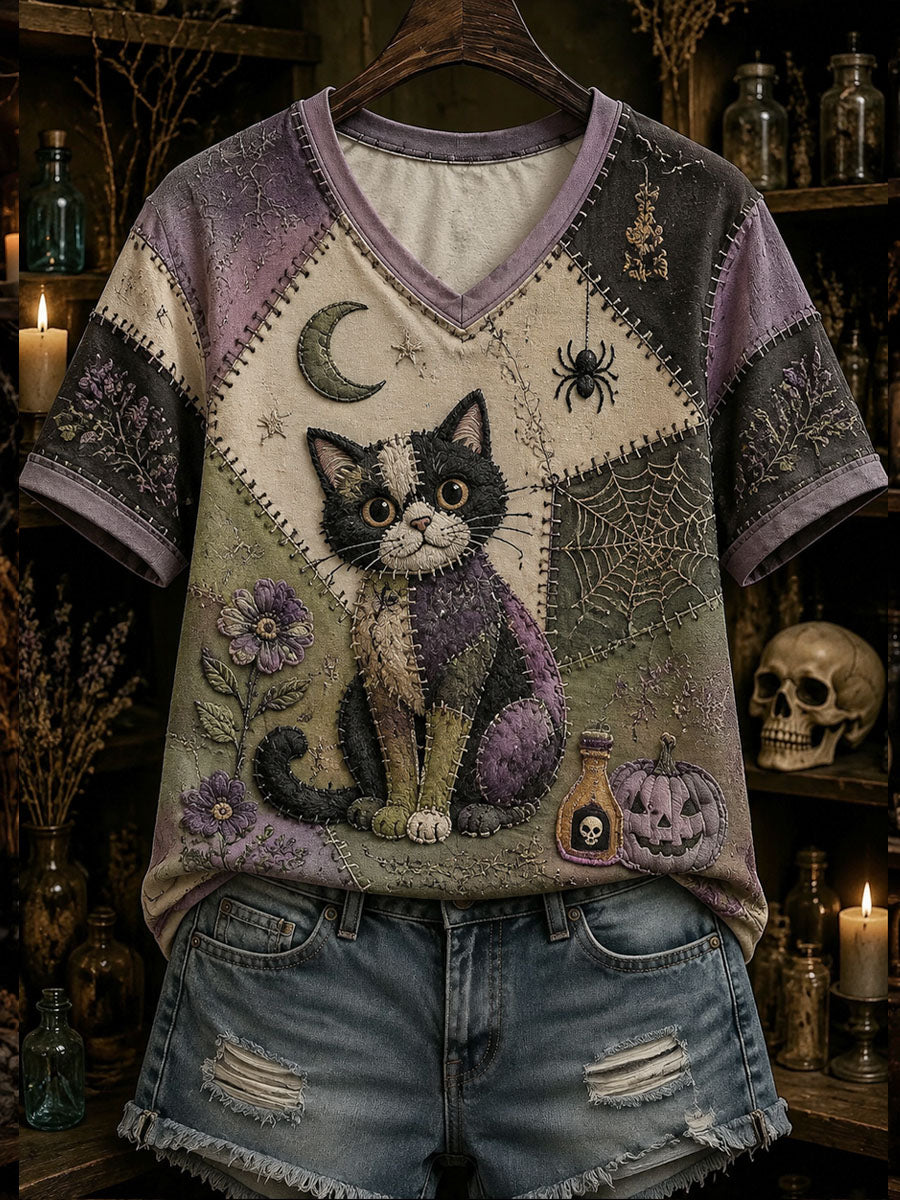 Women’s Gothic Patchwork Floral Cat Print T-shirt