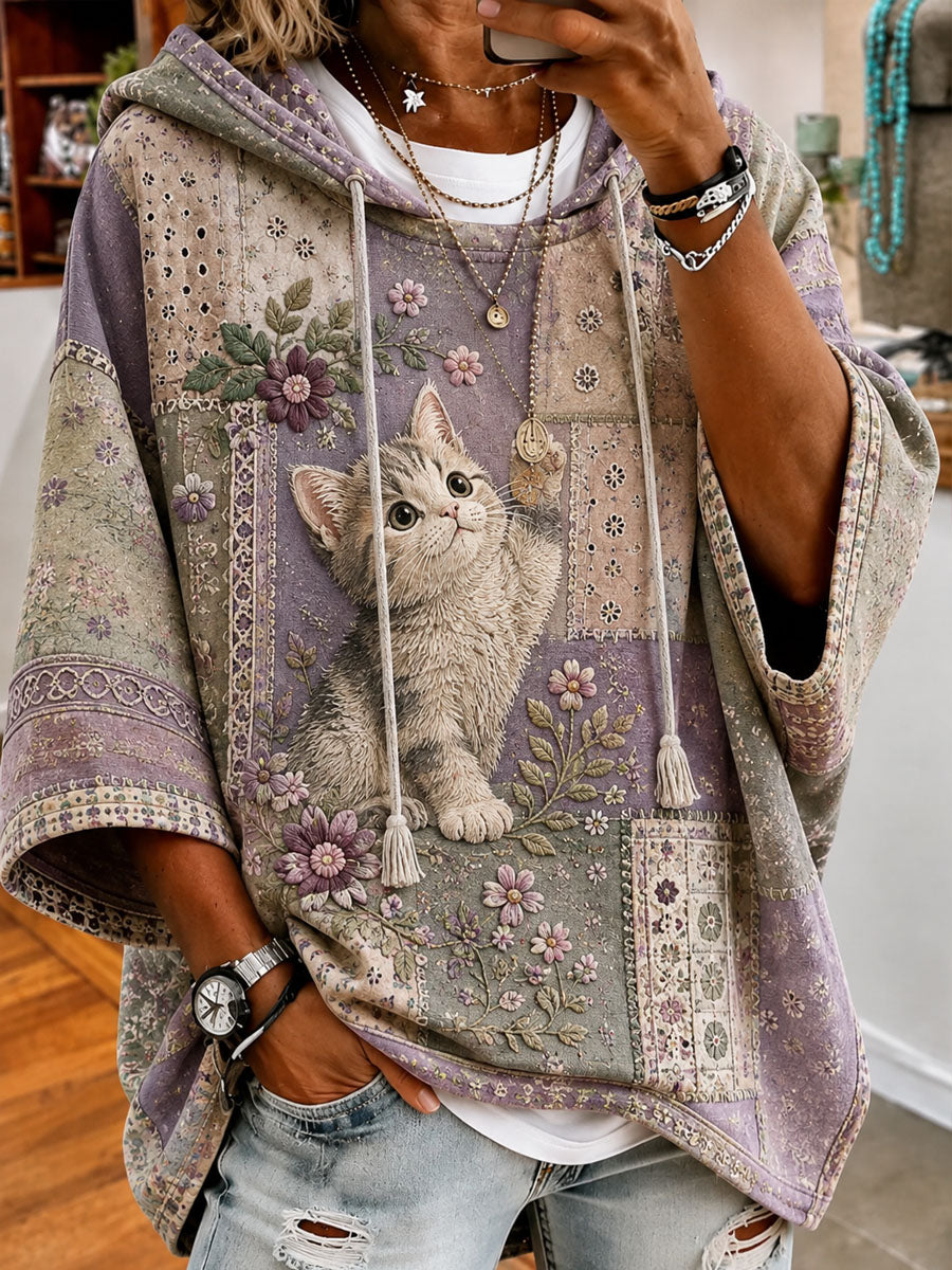 Women's Patchwork Love Cat Day Print Casual Hooded Sweatshirt