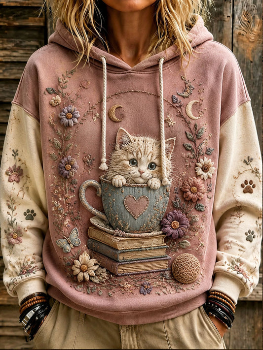 Women's Patchwork Floral Cat Print Casual Hooded Sweatshirt