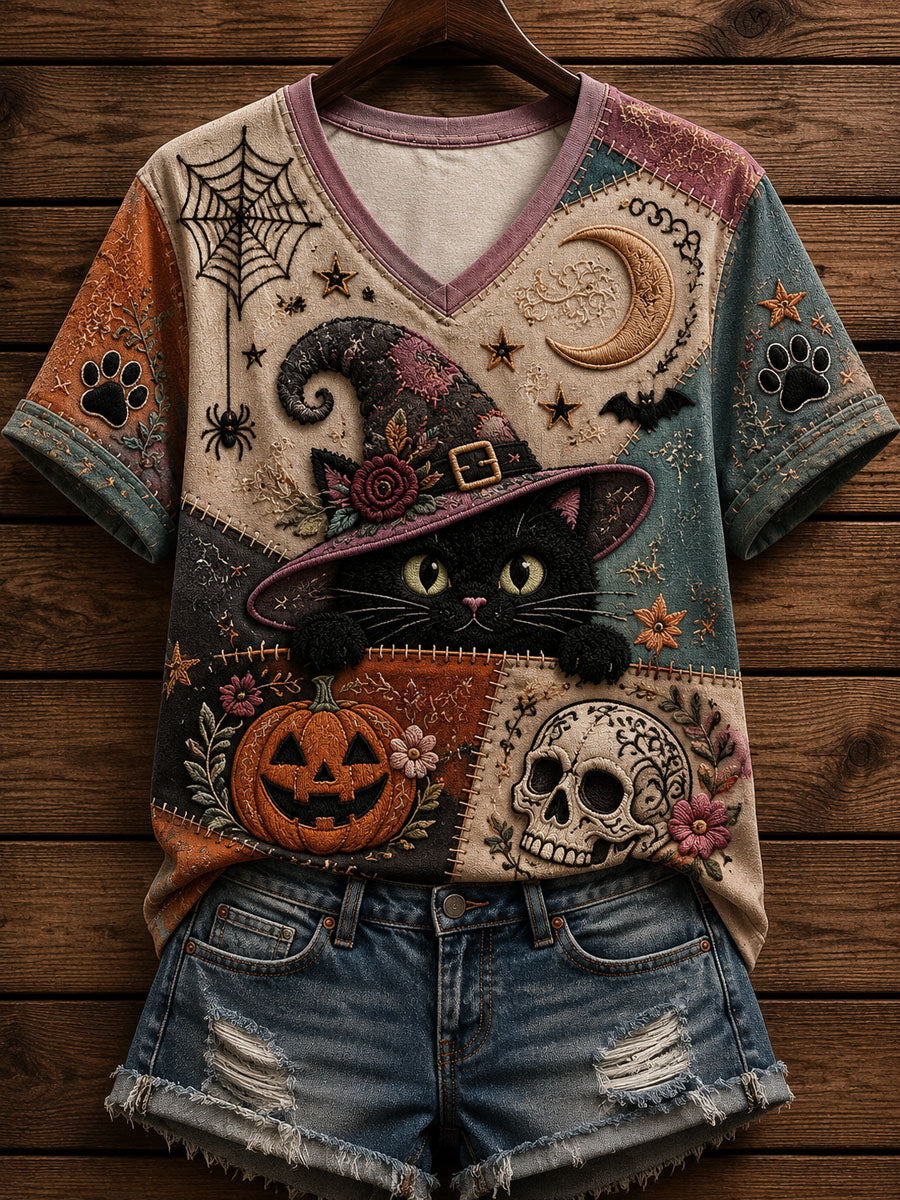 Women’s Patchwork Floral Cat Print Casual Short-Sleeved T-shirt