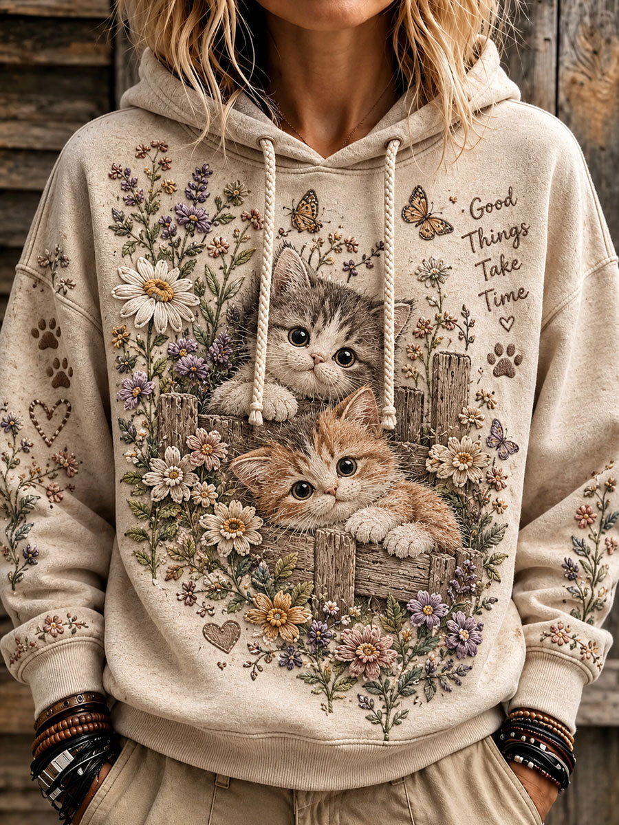 Women's Cute Floral Cat Print Casual Hooded Sweatshirt