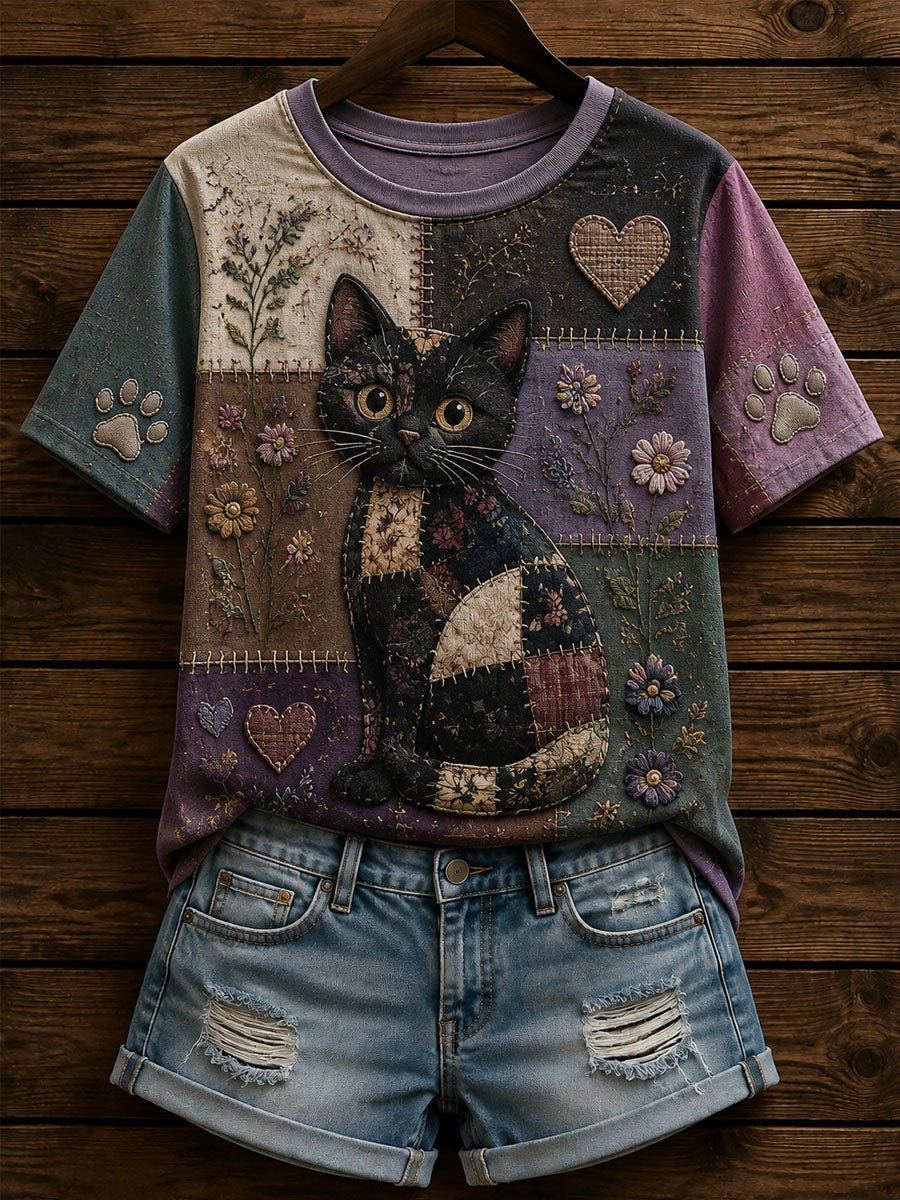 Women’s Patchwork Floral Cat Print Casual Short-Sleeved T-shirt