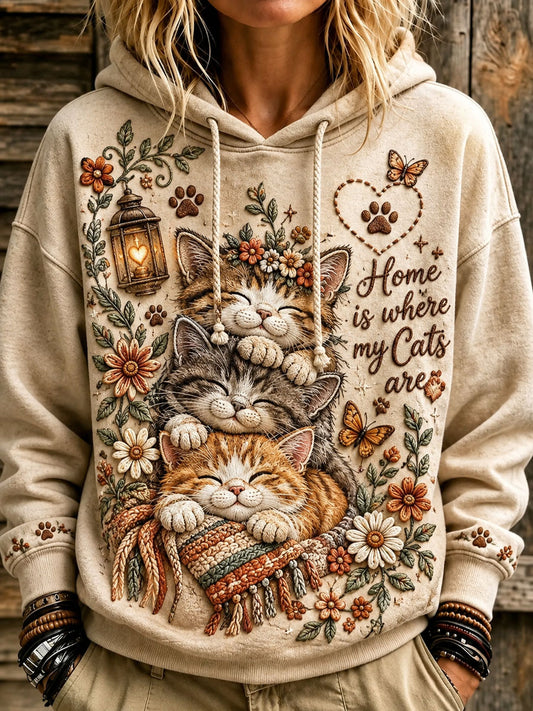 Women's Cute Floral Cat Print Casual Hooded Sweatshirt
