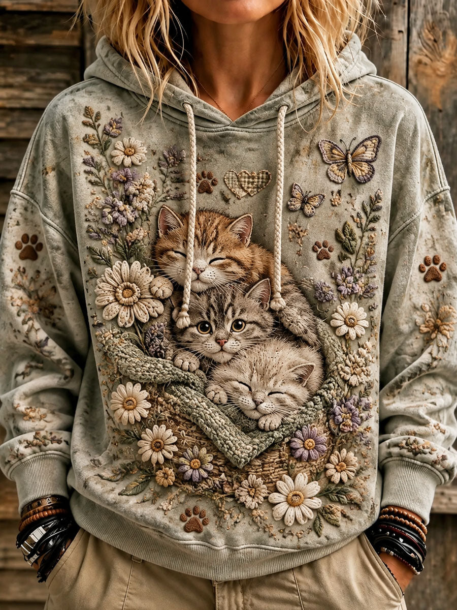 Women's Cute Floral Cat Print Casual Hooded Sweatshirt