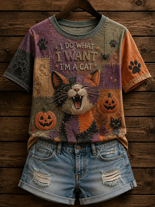 Women’s Patchwork Floral Cat Print Casual Short-Sleeved T-shirt