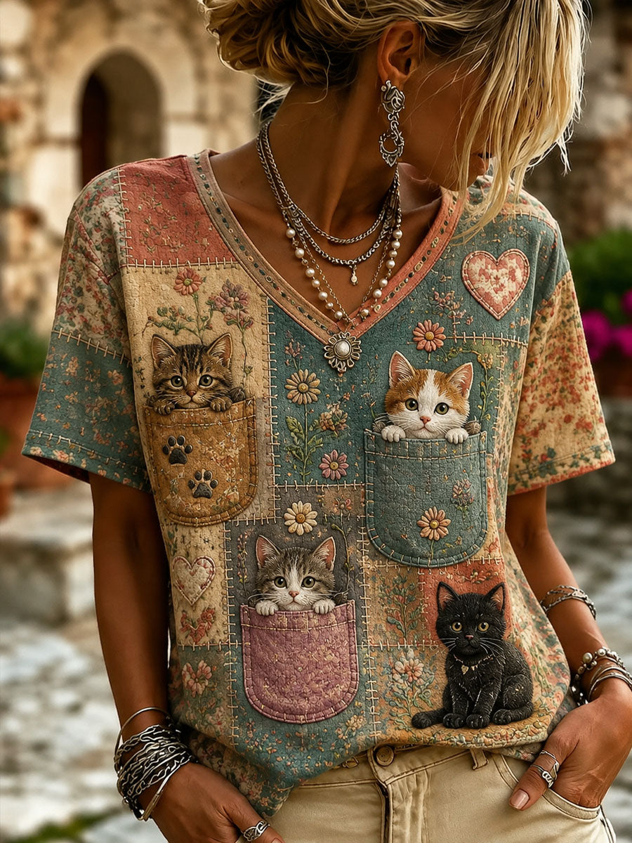 Women’s Patchwork Cat Print Casual Short-Sleeved T-shirt