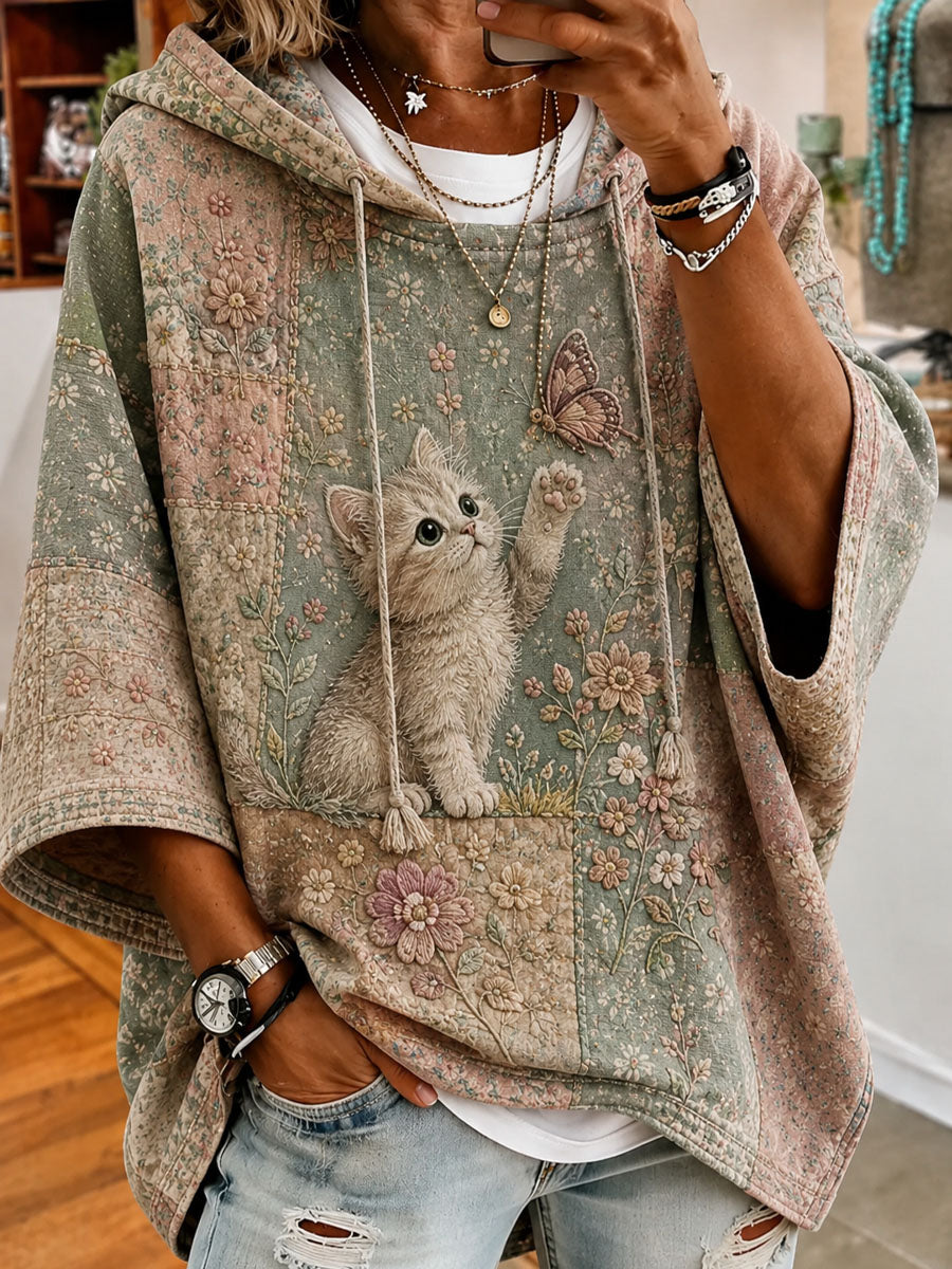 Women's Patchwork Love Cat Day Print Casual Hooded Sweatshirt