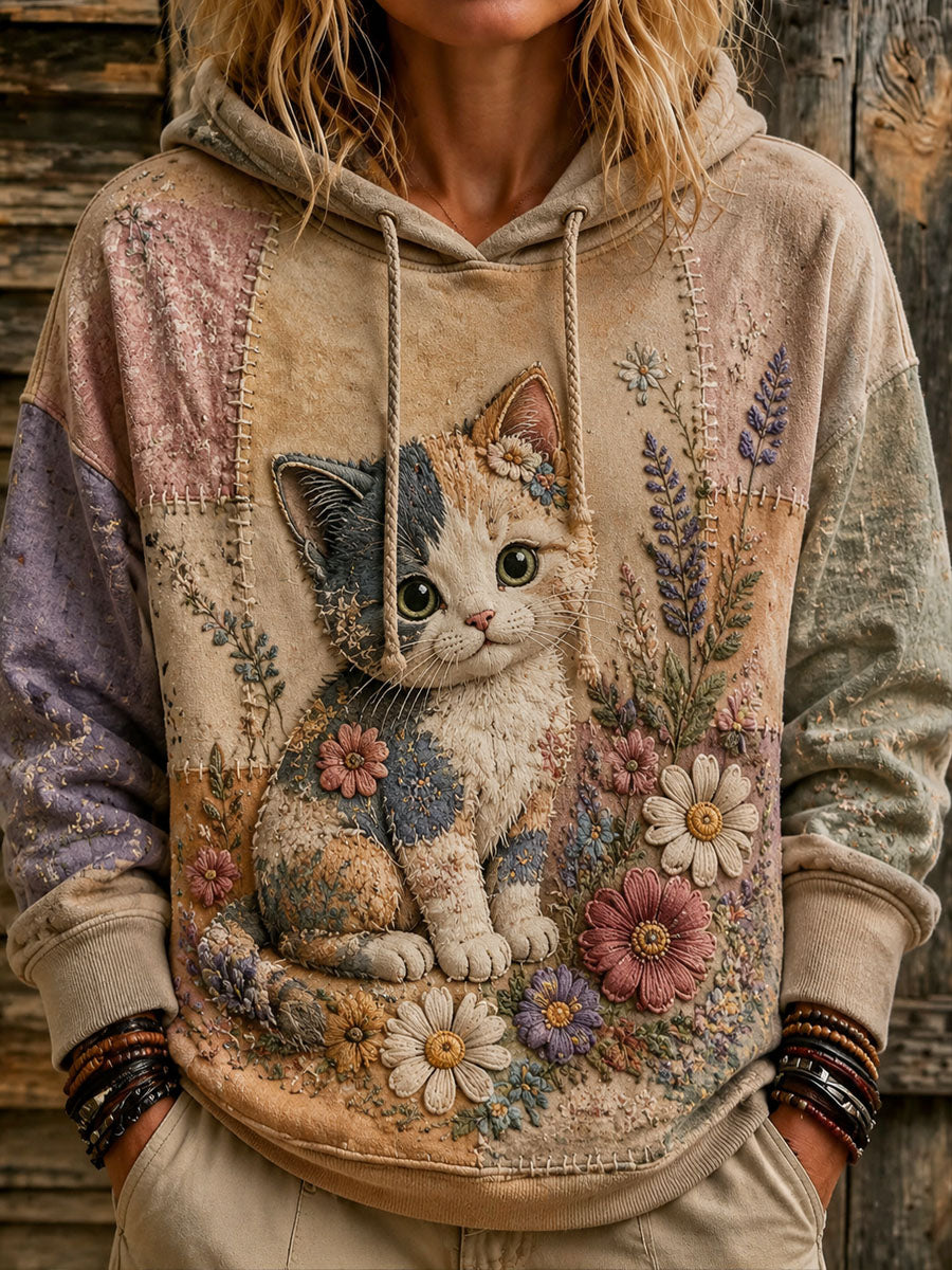 Women's Patchwork Floral Cat Print Casual Hooded Sweatshirt