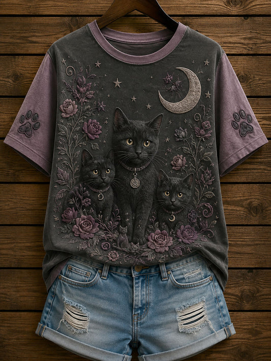 Women’s Moon Gothic Cat Print Casual T-Shirt