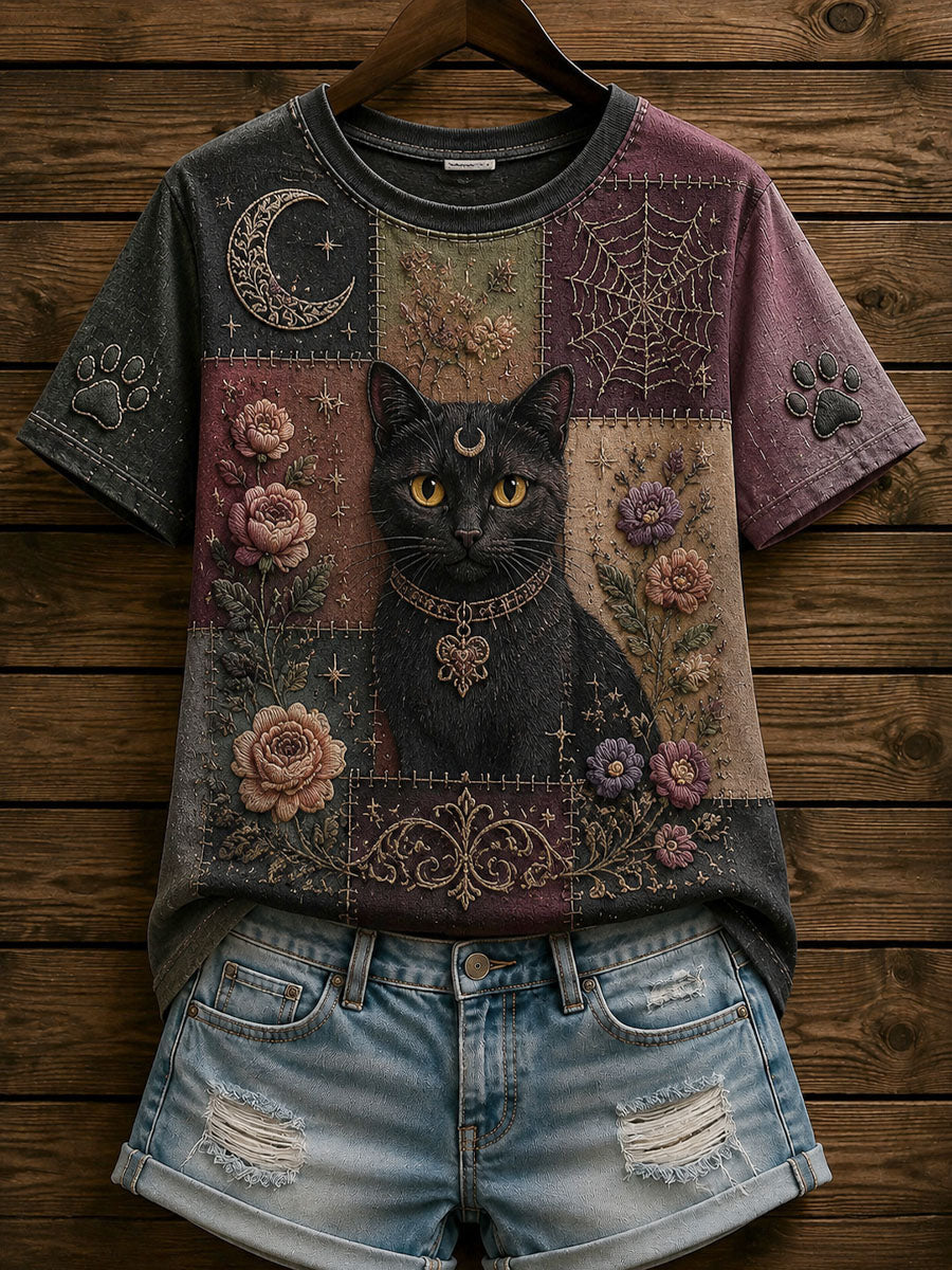 Women’s Gothic Patchwork Floral Cat Print T-shirt